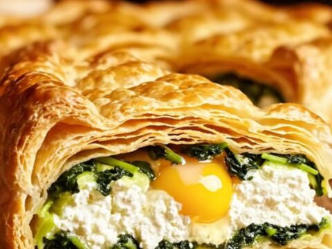 A slice of Torta Pasqualina showing layers of spinach, ricotta, and a golden egg yolk.