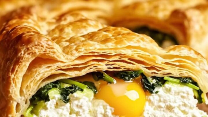 A slice of Torta Pasqualina showing layers of spinach, ricotta, and a golden egg yolk.