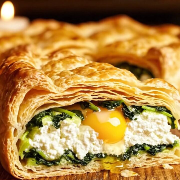 A slice of Torta Pasqualina showing layers of spinach, ricotta, and a golden egg yolk.