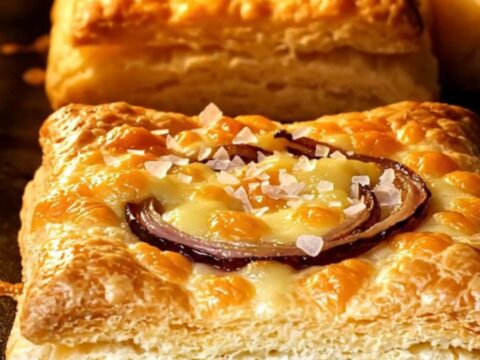 A close-up of golden, crispy upside-down puff pastry squares topped with caramelized onions and melted gruyere.