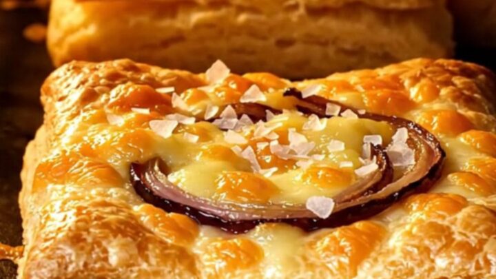 A close-up of golden, crispy upside-down puff pastry squares topped with caramelized onions and melted gruyere.