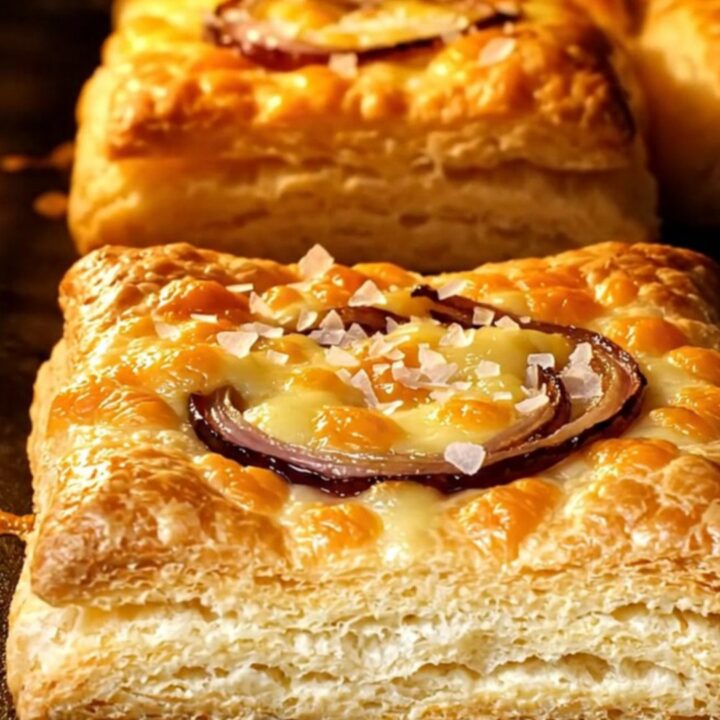 A close-up of golden, crispy upside-down puff pastry squares topped with caramelized onions and melted gruyere.
