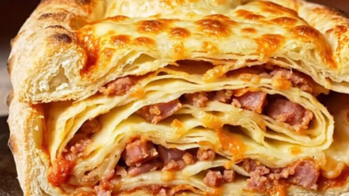 A close-up of a golden-brown Sicilian Scaccia sliced to reveal distinct, delicious layers of sausage and cheese.