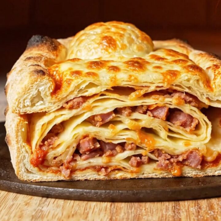 A close-up of a golden-brown Sicilian Scaccia sliced to reveal distinct, delicious layers of sausage and cheese.
