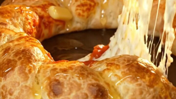 A close-up of a golden, braided stuffed crust pizza ring with a vibrant pepperoni and mozzarella center.