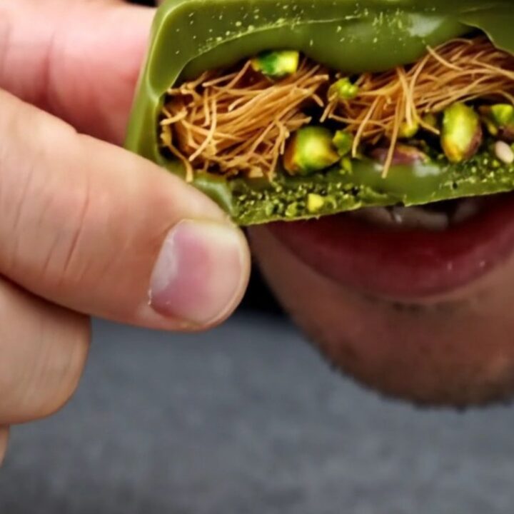 A vibrant green matcha chocolate bar with a crispy kataifi and pistachio filling revealed by a break.