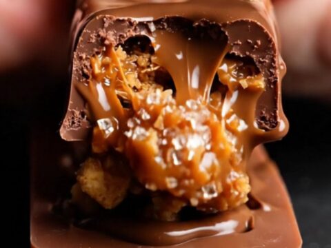 A close-up of a Biscoff Dubai chocolate bar being snapped in half to reveal a golden