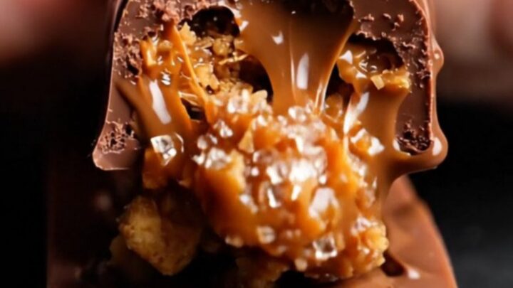 A close-up of a Biscoff Dubai chocolate bar being snapped in half to reveal a golden