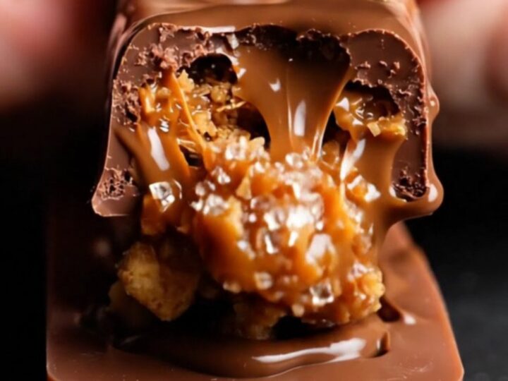 A close-up of a Biscoff Dubai chocolate bar being snapped in half to reveal a golden