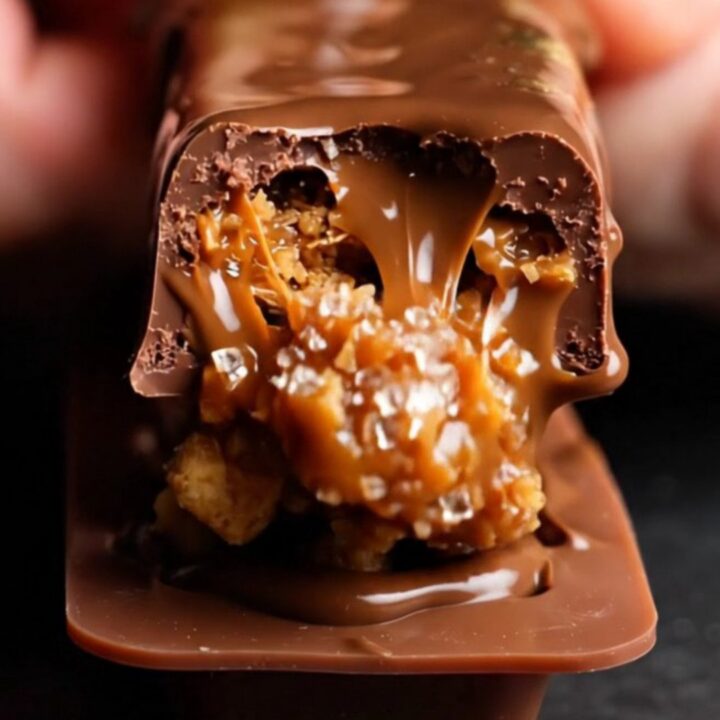 A close-up of a Biscoff Dubai chocolate bar being snapped in half to reveal a golden
