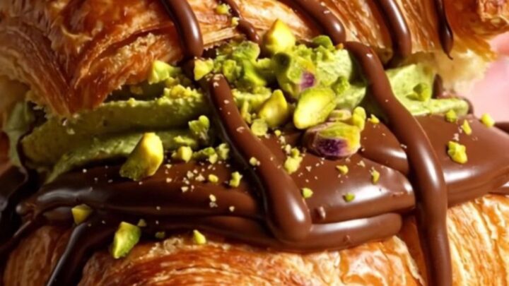 A close-up shot of a croissant torn open to reveal layers of green pistachio filling and dark chocolate.