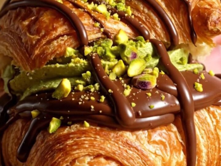 A close-up shot of a croissant torn open to reveal layers of green pistachio filling and dark chocolate.