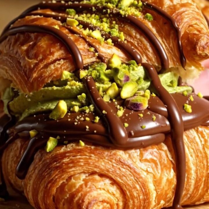 A close-up shot of a croissant torn open to reveal layers of green pistachio filling and dark chocolate.