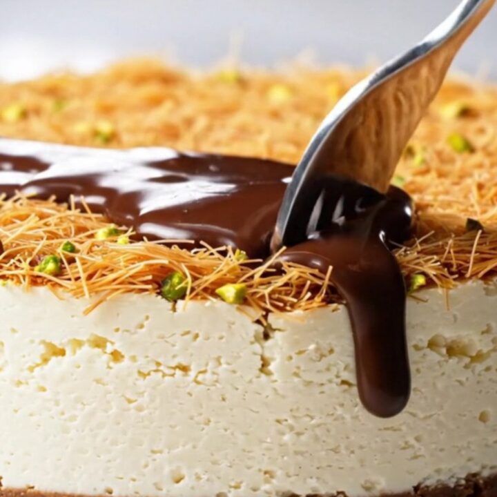 A slice of viral Dubai chocolate cheesecake showing a creamy filling, crunchy pistachio kataifi, and glossy dark chocolate.