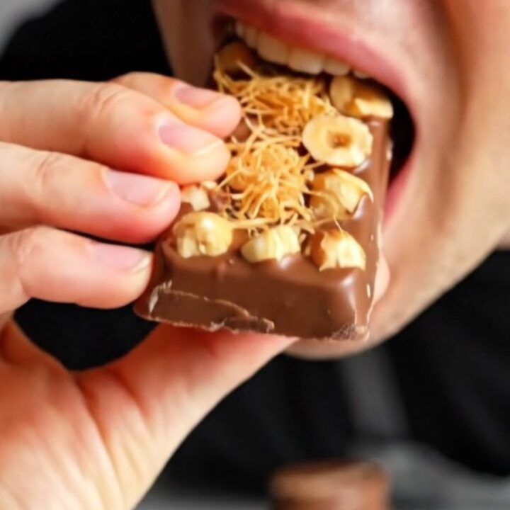 A close-up shot of a broken Gianduja and kataifi chocolate bar showing the creamy hazelnut interior.