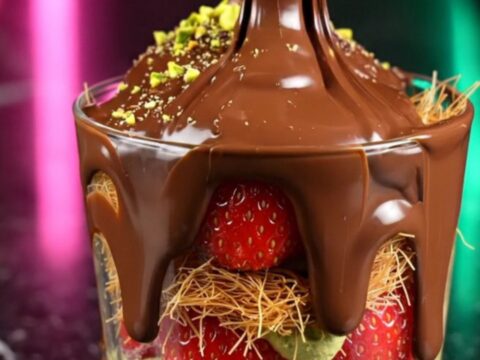 A clear glass cup layered with fresh red strawberries, creamy pistachio-coated kataifi