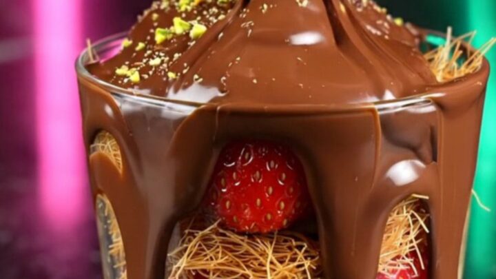 A clear glass cup layered with fresh red strawberries, creamy pistachio-coated kataifi