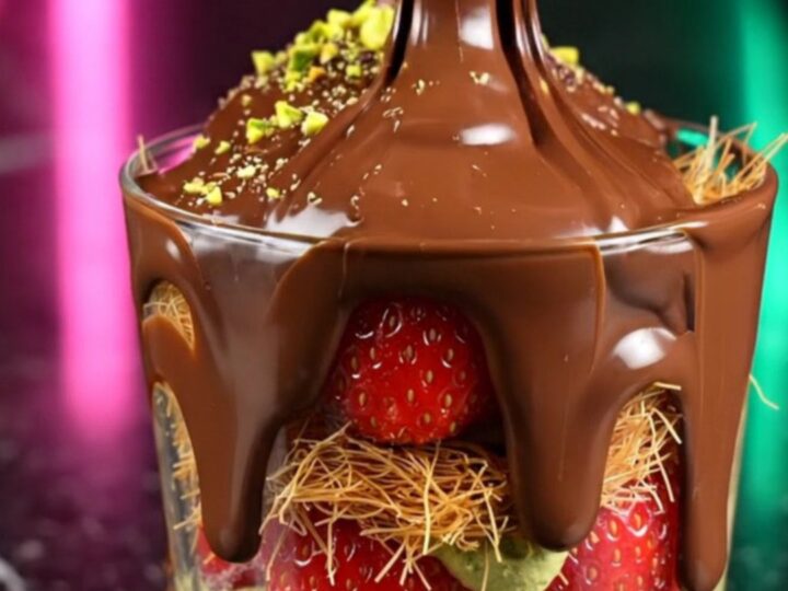 A clear glass cup layered with fresh red strawberries, creamy pistachio-coated kataifi