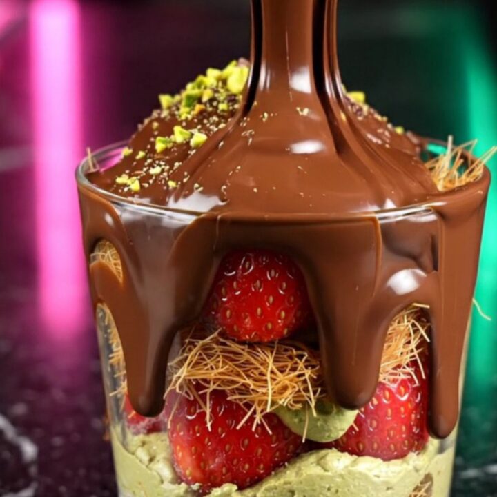A clear glass cup layered with fresh red strawberries, creamy pistachio-coated kataifi