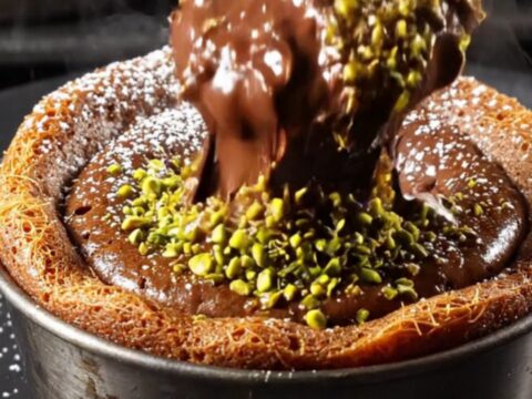 A close-up view of a dark chocolate lava cake with a molten center spilling out.