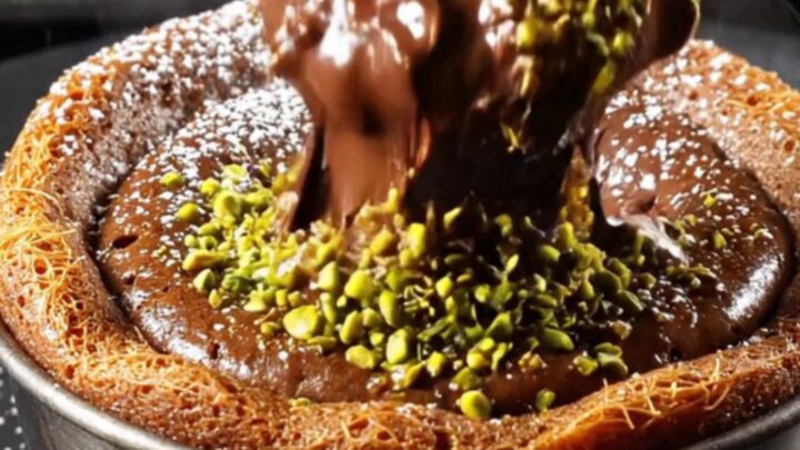A close-up view of a dark chocolate lava cake with a molten center spilling out.