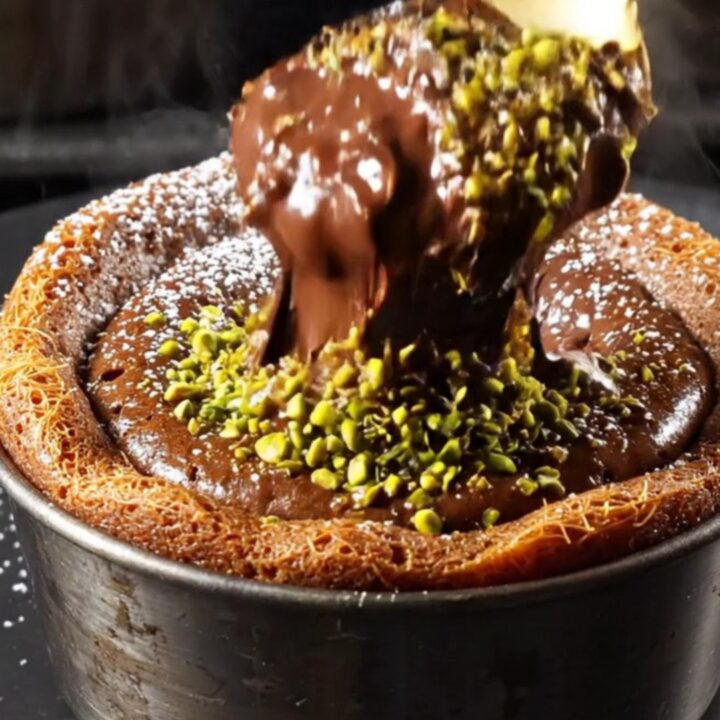 A close-up view of a dark chocolate lava cake with a molten center spilling out.