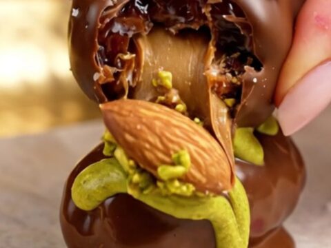A close-up of a Medjool date sliced in half, showing the creamy pistachio kataifi and roasted almond center.