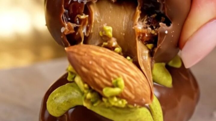 A close-up of a Medjool date sliced in half, showing the creamy pistachio kataifi and roasted almond center.