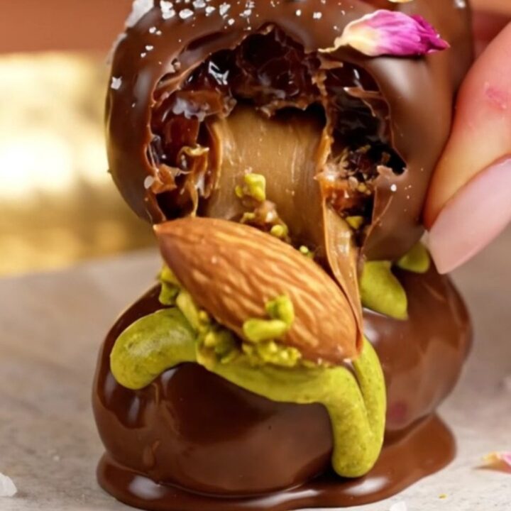 A close-up of a Medjool date sliced in half, showing the creamy pistachio kataifi and roasted almond center.