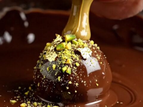 A close-up of a dark chocolate truffle split in half, showing a bright green pistachio and kataifi center.