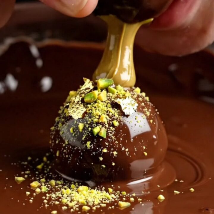 A close-up of a dark chocolate truffle split in half, showing a bright green pistachio and kataifi center.