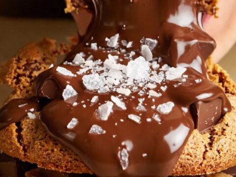 A close-up of a massive, six-ounce golden-brown cookie being pulled apart to reveal a molten chocolate core.