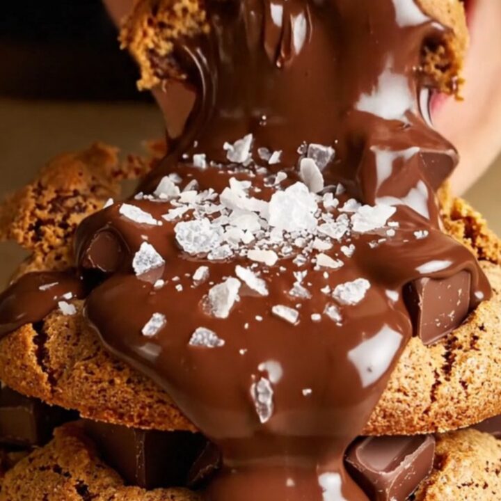 A close-up of a massive, six-ounce golden-brown cookie being pulled apart to reveal a molten chocolate core.