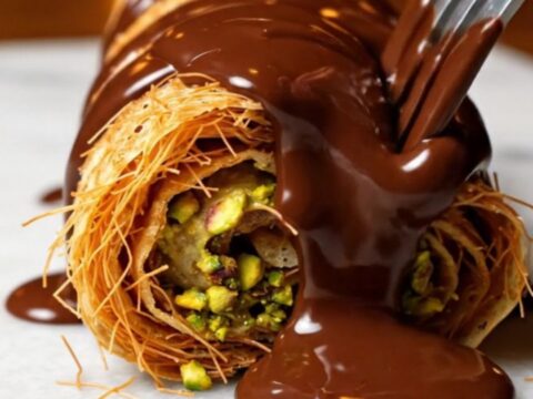 A close-up of a chocolate-drenched crepe roll revealing a crispy pistachio kataifi filling inside.