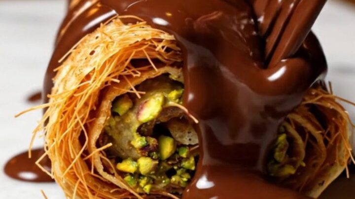 A close-up of a chocolate-drenched crepe roll revealing a crispy pistachio kataifi filling inside.