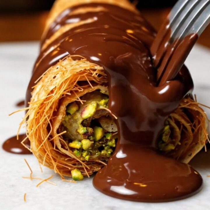 A close-up of a chocolate-drenched crepe roll revealing a crispy pistachio kataifi filling inside.