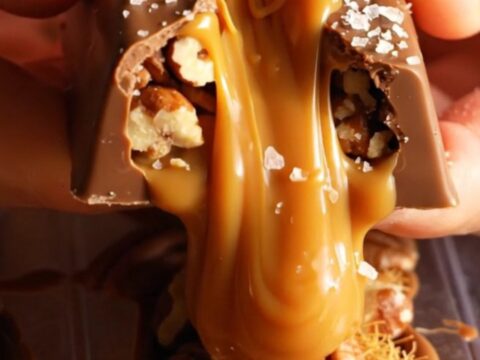 A close-up of a broken Salted Caramel Pecan Dubai Chocolate Bar showing the gooey caramel and crispy kataifi layers.