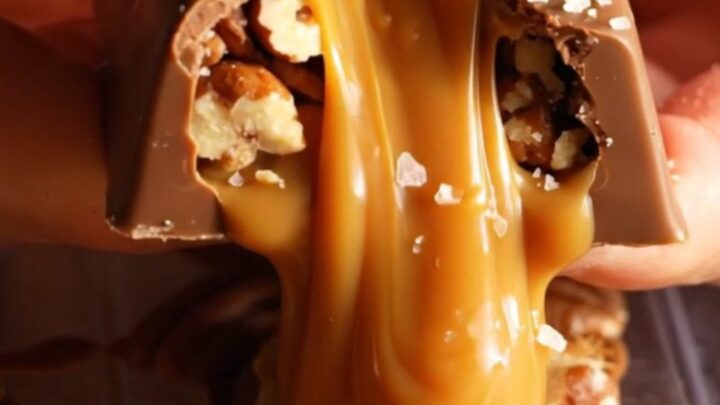 A close-up of a broken Salted Caramel Pecan Dubai Chocolate Bar showing the gooey caramel and crispy kataifi layers.