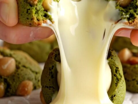 A vibrant green matcha cookie pulled apart to reveal a flowing molten white chocolate center.