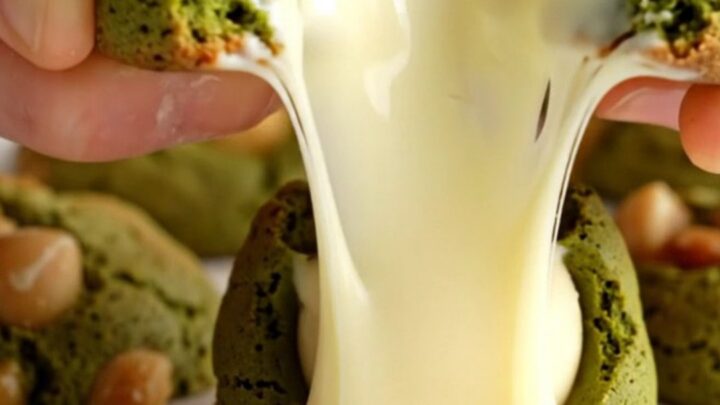 A vibrant green matcha cookie pulled apart to reveal a flowing molten white chocolate center.