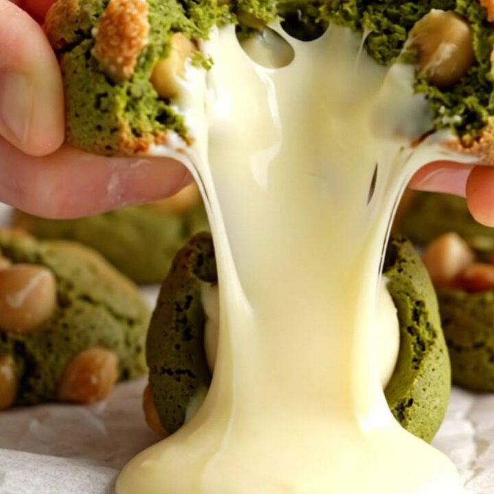 A vibrant green matcha cookie pulled apart to reveal a flowing molten white chocolate center.
