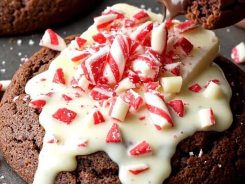 A close-up of a broken dark chocolate cookie revealing a fudgy center topped with melted peppermint bark.