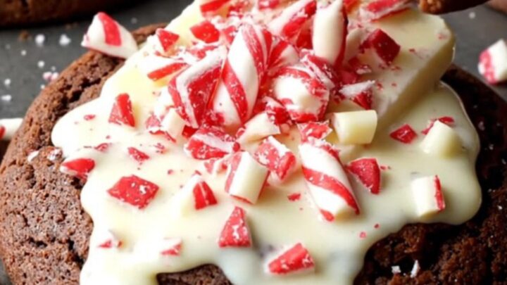 A close-up of a broken dark chocolate cookie revealing a fudgy center topped with melted peppermint bark.