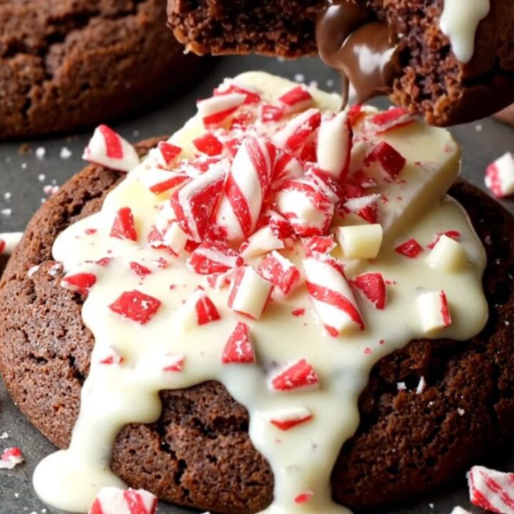 A close-up of a broken dark chocolate cookie revealing a fudgy center topped with melted peppermint bark.