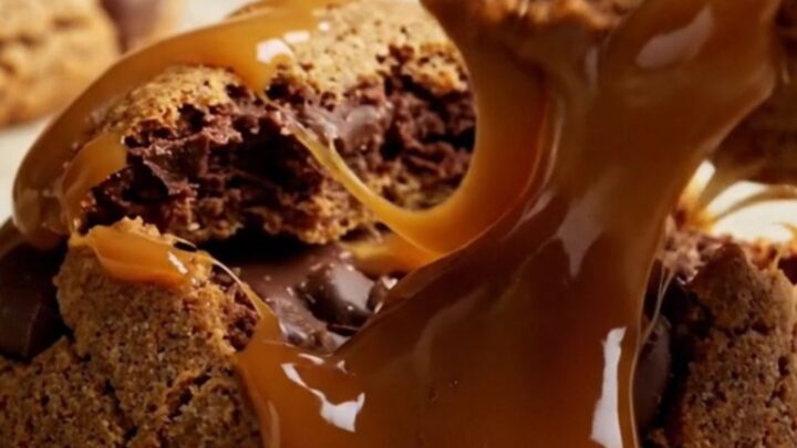 A close-up of a warm, gooey cookie being pulled apart, revealing a long