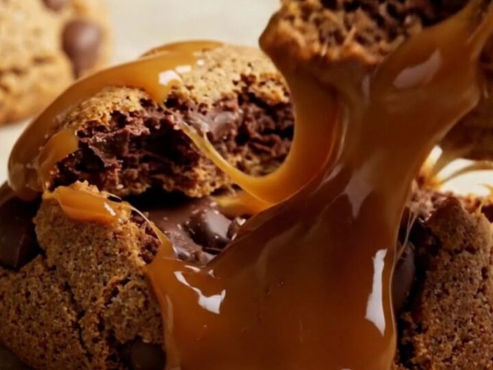 A close-up of a warm, gooey cookie being pulled apart, revealing a long