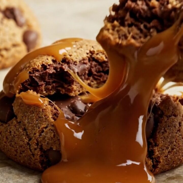 A close-up of a warm, gooey cookie being pulled apart, revealing a long