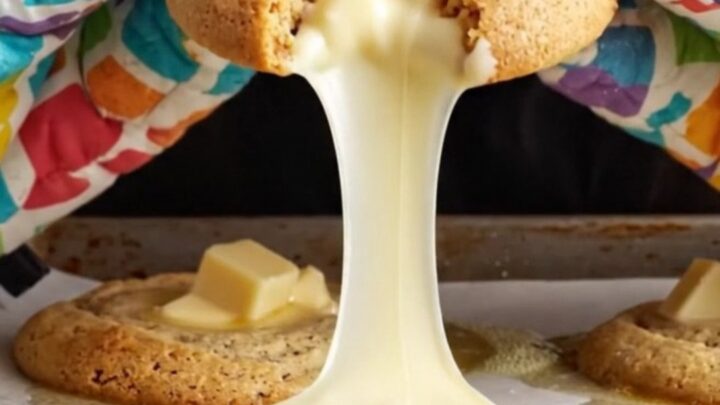 A close-up of a warm birthday cake batter cookie being pulled apart, showing a molten white chocolate center.