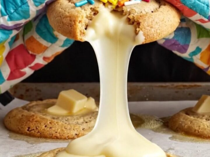 A close-up of a warm birthday cake batter cookie being pulled apart, showing a molten white chocolate center.