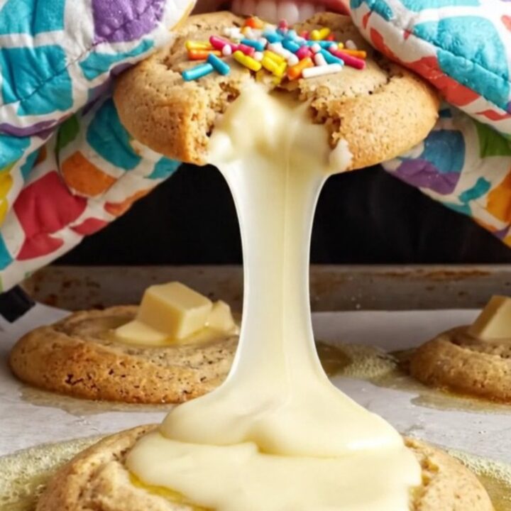A close-up of a warm birthday cake batter cookie being pulled apart, showing a molten white chocolate center.